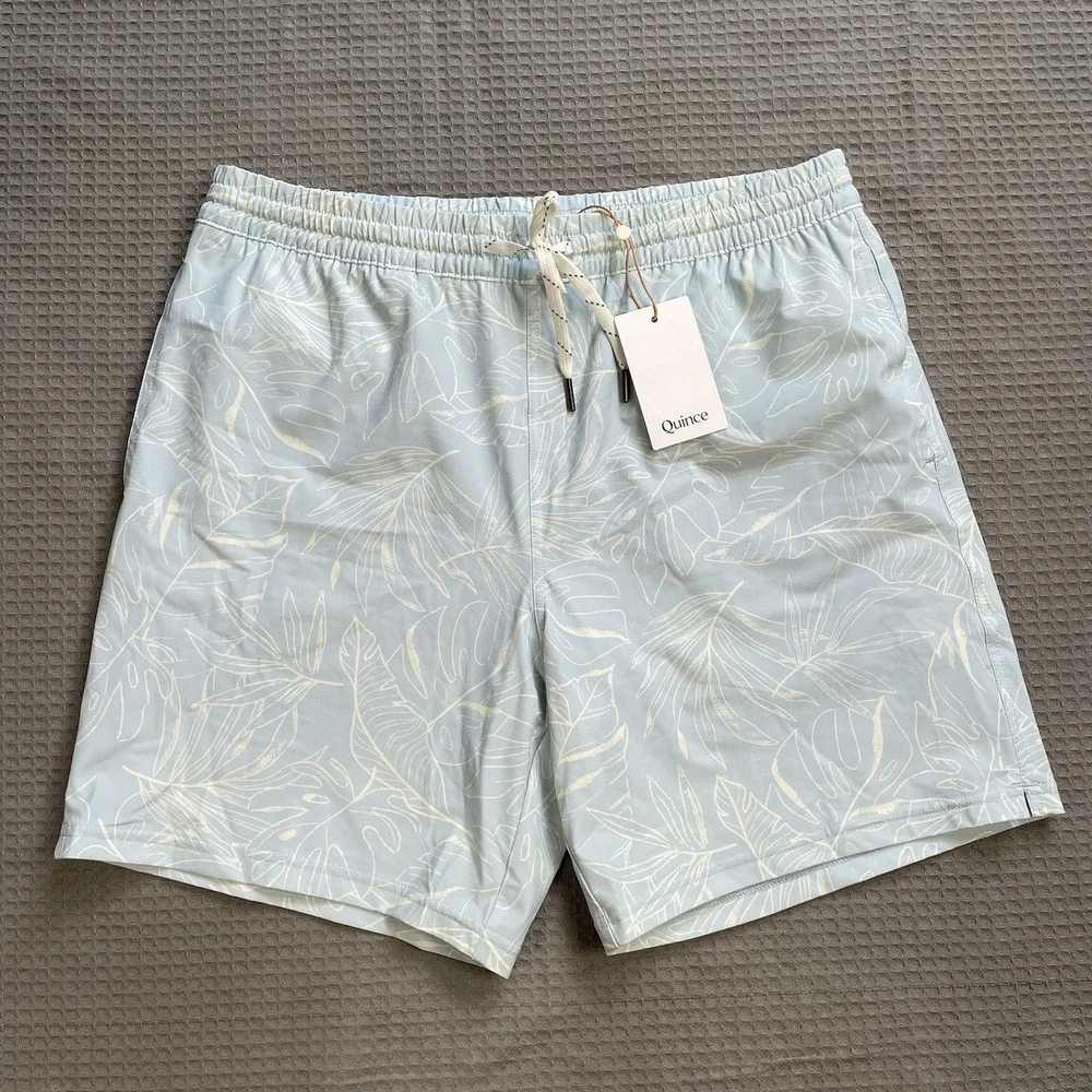 New Quince Italian Swim Trunks Large Men's Tropical Floral Light Blue Lined